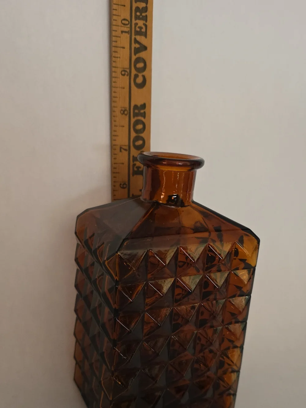 Vintage Amber Glass Decanter Made in Spain Mid Century Diamond Point Barware